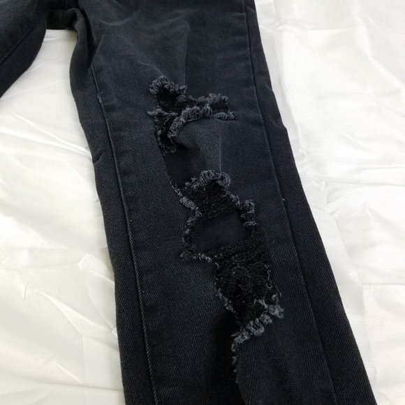 No Boundaries Jeans Juniors Size 7 High Rise Slim Straight Destroyed Black Denim - Picture 13 of 14